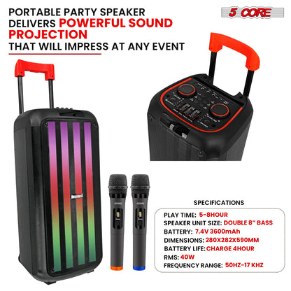 5Core Bluetooth Party Speaker 8 Inch PA RGB Partybox Karaoke Machine + 2 Wireless Mic